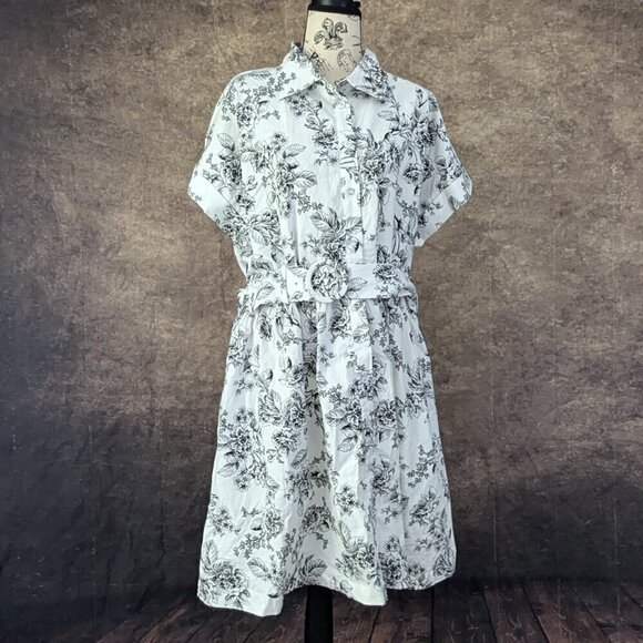 Rachel Parcell White Black Floral Print Dress Belted Size 10 - Picture 7 of 8